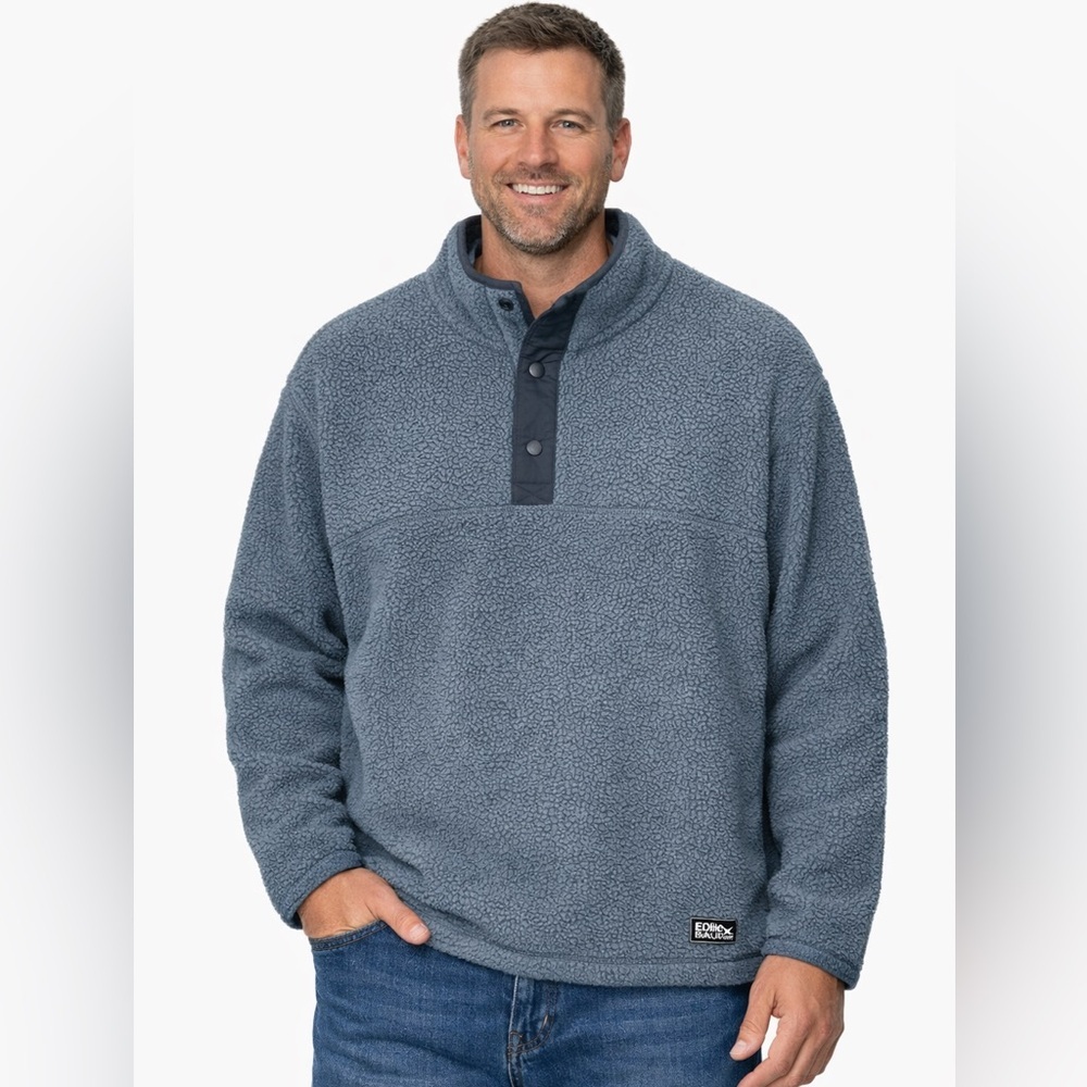 Eddie Bauer Sherpa Fleece Snap Pullover Mens XL Gray Blue 3-Snap Henley Cozy